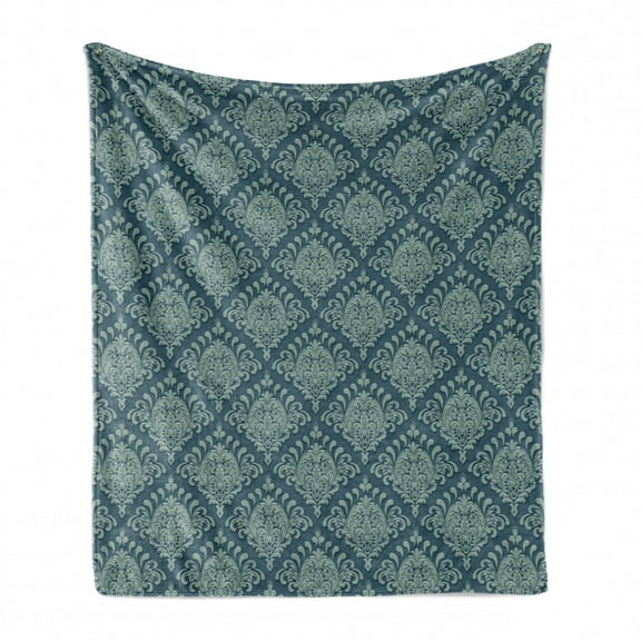Damask Soft Flannel Fleece Throw Blanket, Rhythmic Ivy Like Botanical Elements Diagonally Arranged Pattern, Cozy Plush for Indoor and Outdoor Use, 60" x 80", Slate Blue Laurel Green, by Ambesonne