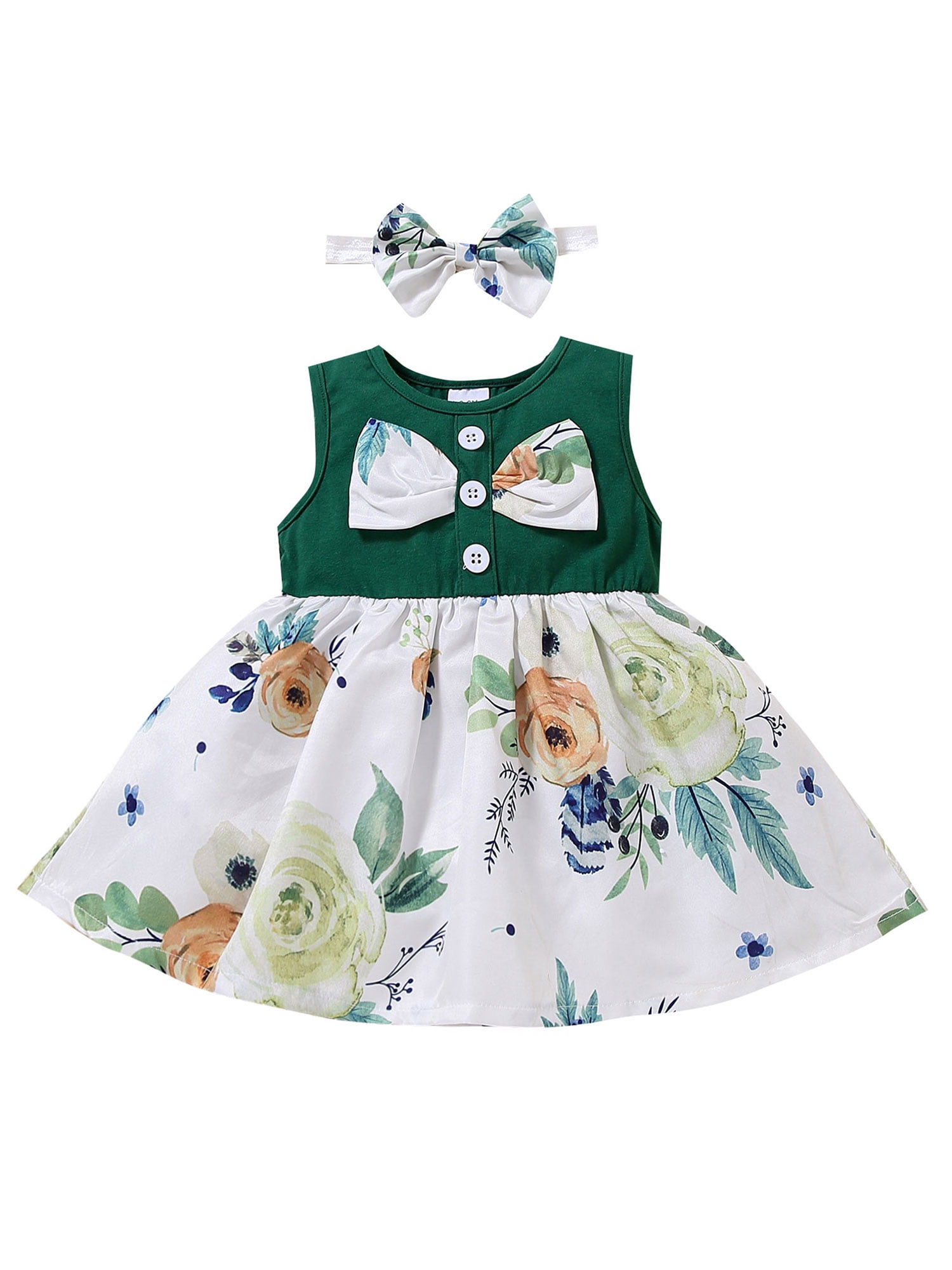 Loalirando Summer Toddler Baby Girls Ruffles Sleeve Flowers Print Bowknot A-line Sundress Tutu Skirts Party Dress One-Piece Outfits