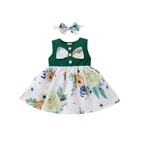 

Canrulo Infant Baby Girl Summer Dress Bow Flower Ruffle Dress with Headband 2Pcs Outfit