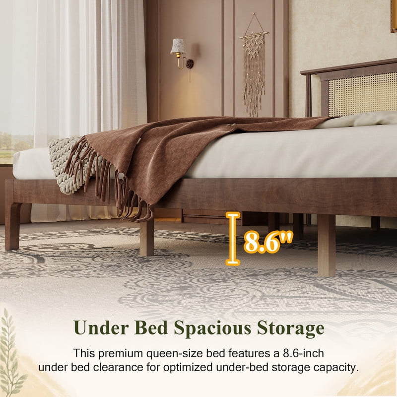 King Size Wooden Platform Bed with Rattan Headboard, Low-Profile Bed Frame with 8.6'' Under-Bed Storage