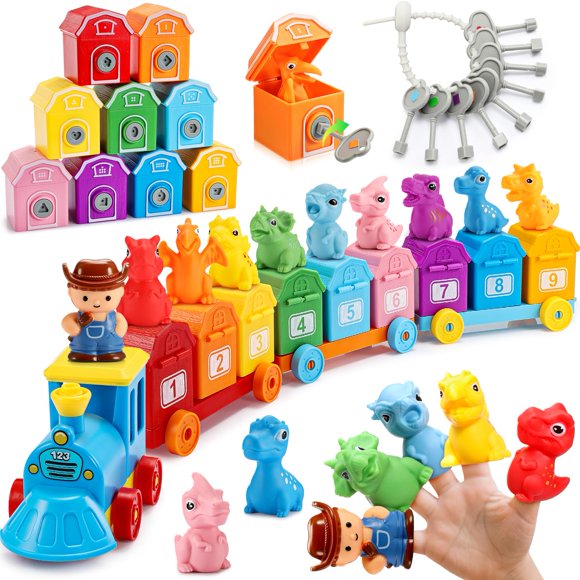 Juguete de aprendizaje Montessori IPOURUP con forma de tren de dinosaurios con candados y llaves