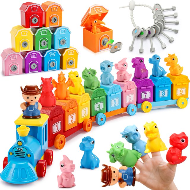 Juguete de aprendizaje Montessori IPOURUP con forma de tren de dinosaurios con candados y llaves