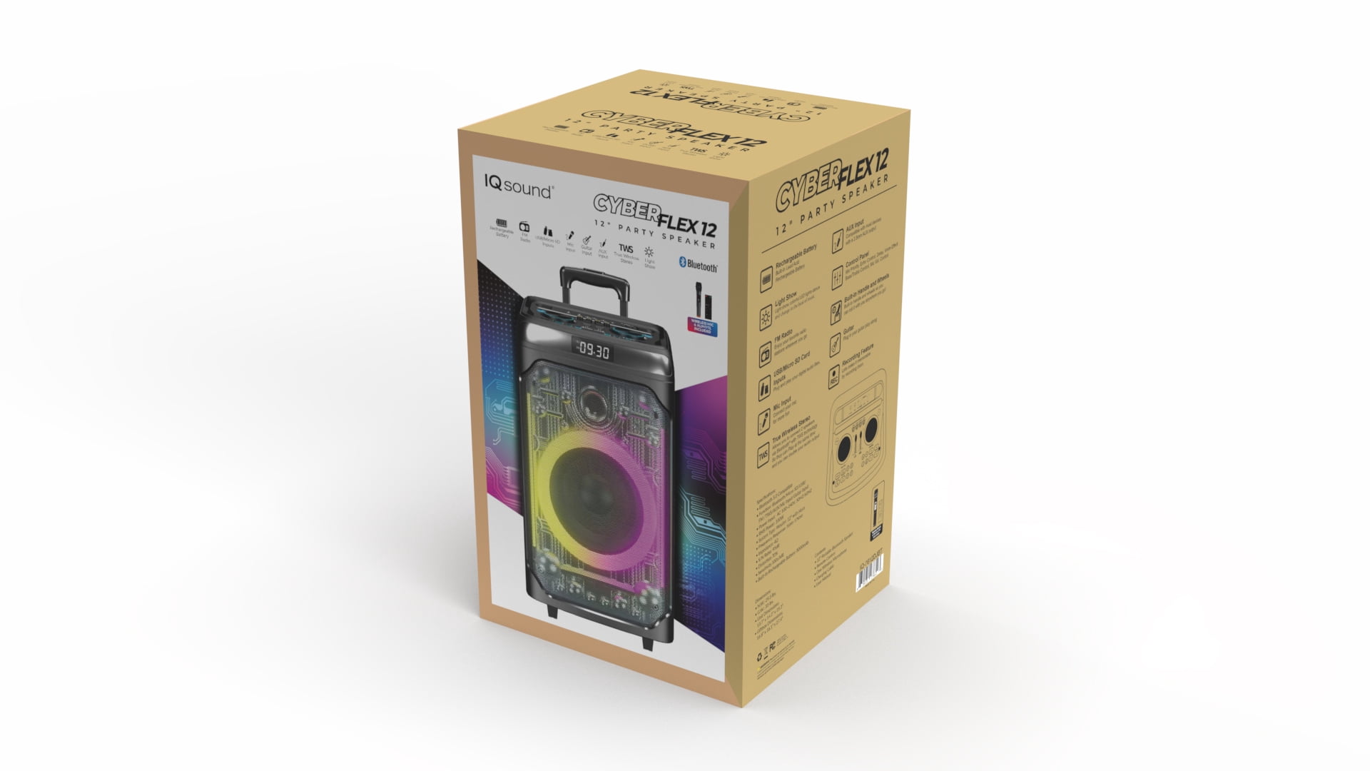 IQ Sound 12 Inch Rechargeable Bluetooth Party Speaker 100W LED Light Show FM Radio Mic Guitar USB AUX TWS IQ-7612DJBT