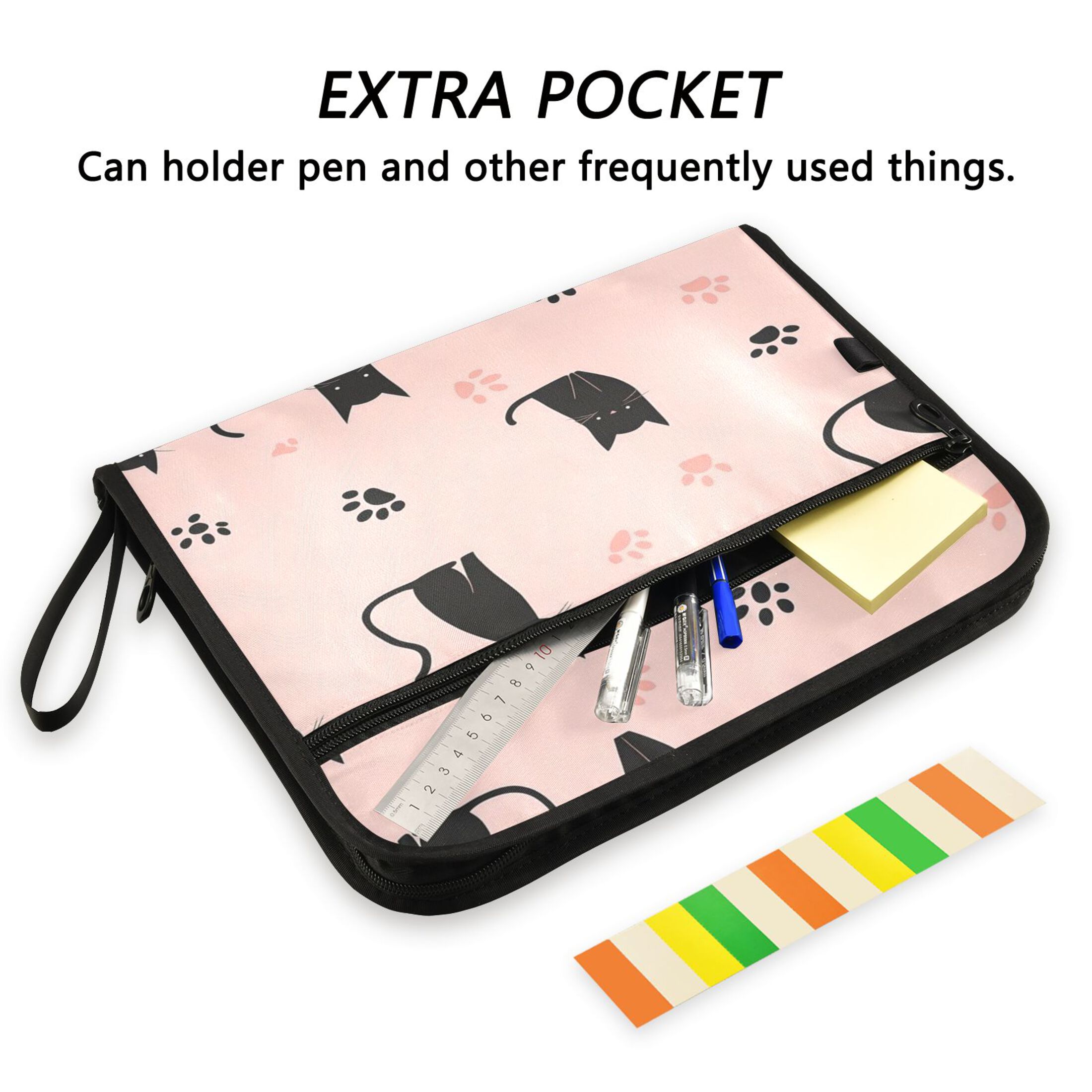 Accordion File Organizer with Zip Closure 13 Pockets Expanding File Folder Letter A4 Paper Document Organizer for Home Office Black Cat and Cat's Paw