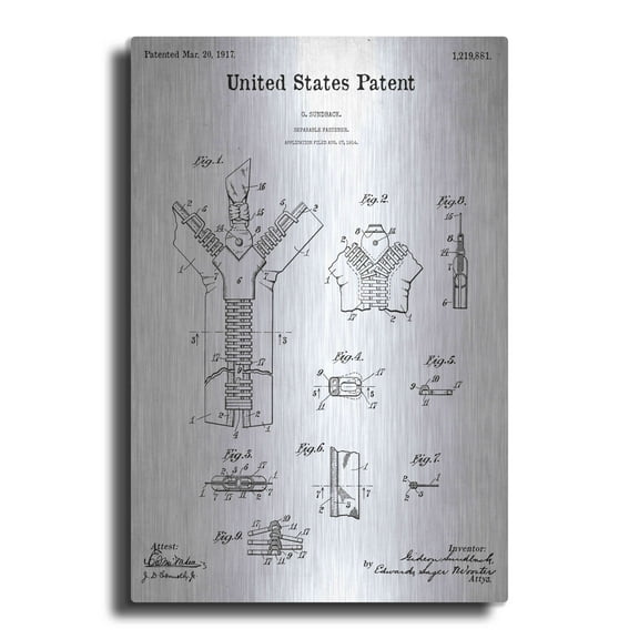 Luxe Metal Art 'Zipper Blueprint Patent White' Metal Wall Art, 12"x16"