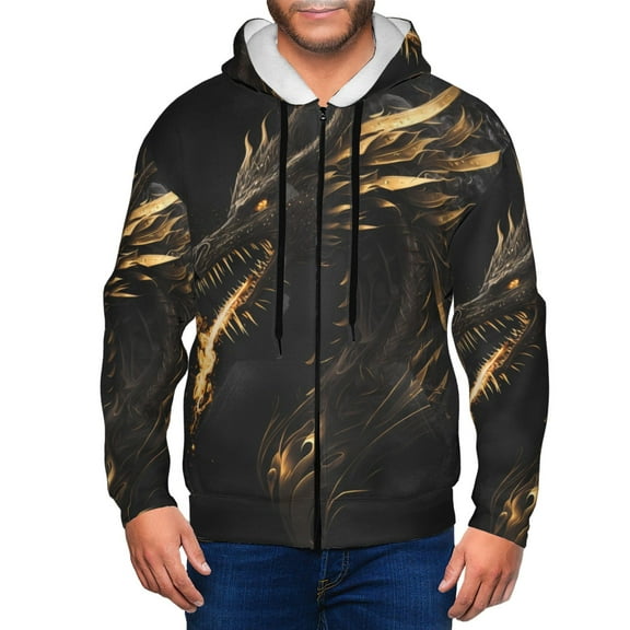 Kdxio Black And Gold Fire Dragon Print Men Hoodies Casual Hoodies for Men with Zip Pockets Full Zip Long Sleeve Sweatshirt Sports Hooded Jacket-Small
