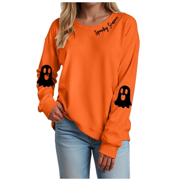 TTUHYWXI Halloween Shirts for Women Long Sleeve Crewneck Casual Dressy Tops Funny Graphic Halloween Fall Fashion Outfits Orange,XL