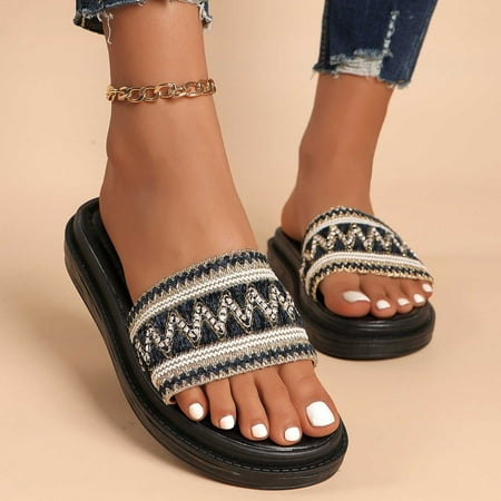 

AOOCHASLIY Independence Day Shoes Women s Summer New Plus Size Knitted Striped Splice Thick Sole Fish Mouth Line Beach Slippers