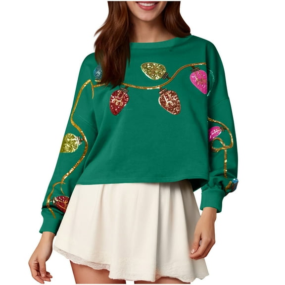 Sequins Crop Sweatshirts Women Dropped Long Sleeve Crewneck Pullover Tops Loose Fall Halloween Christmas Outfits (XL, Green A)