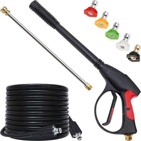 4000 PSI Pressure Washer gun with 18" Wand, M22-14mm Hose Fitting, 1/4” Quick Connect, 5 Spray Nozzles, Safety Trigger, 8.2m Hose for Most Power Washers