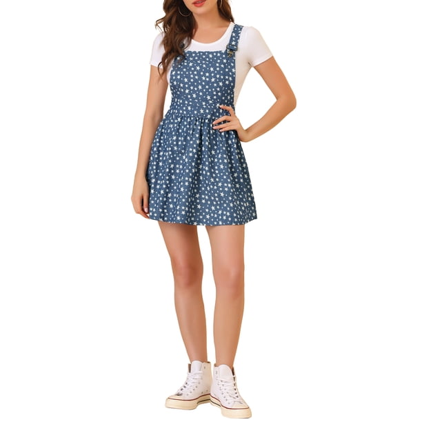 Vestido mini overall lindo para mujer con tirantes ajustables en azul con estrellas