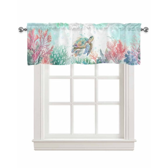 Turtles Corals Linen Curtain Valance for Bedroom/Bathroom/Kitchen/Office/Living/Dining Room Window,Watercolor Summer Ocean Coastal Sea Rod Pocket Topper Decorative Cafe Drapes Panel 54"x18"