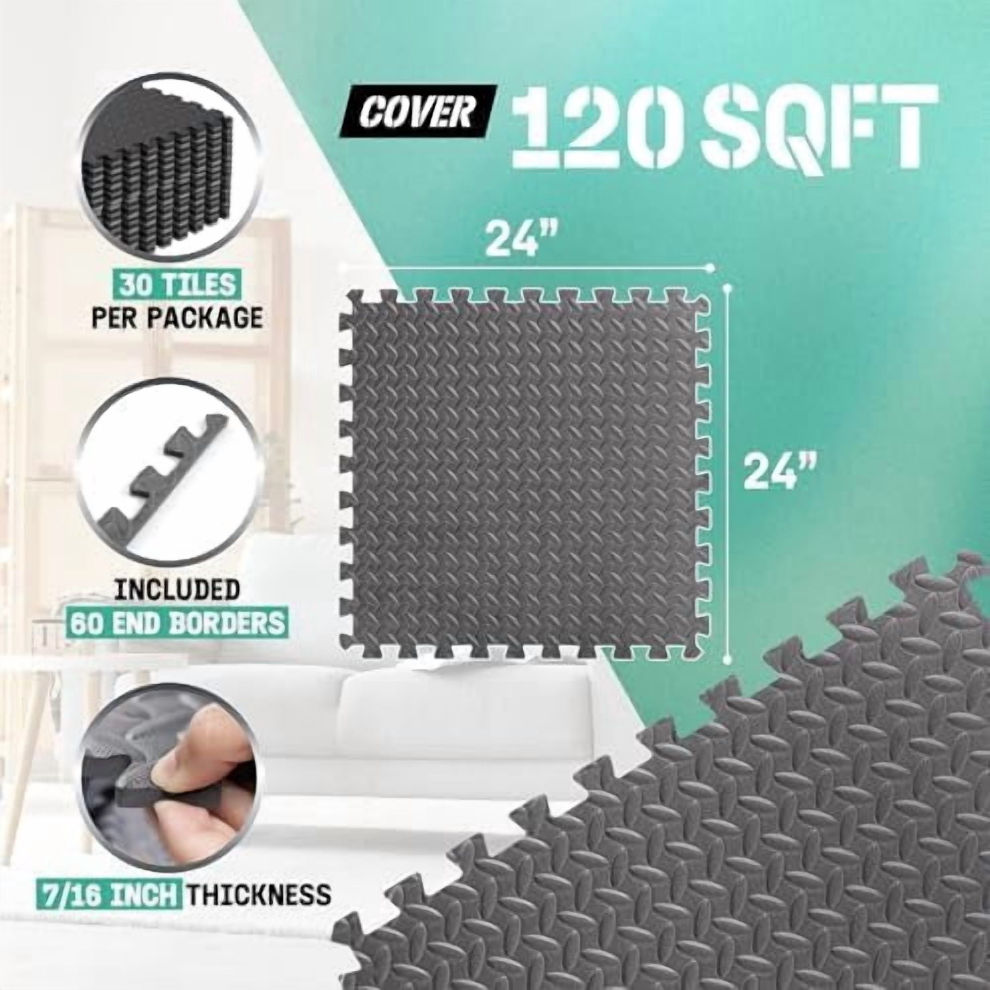 24SQFT-120SQFT Puzzle Exercise Mat for Home Gym, EVA Interlocking Foam Floor Tiles with Border for Workout Equipment Black,D. 7/16" Thick, 120SQFT