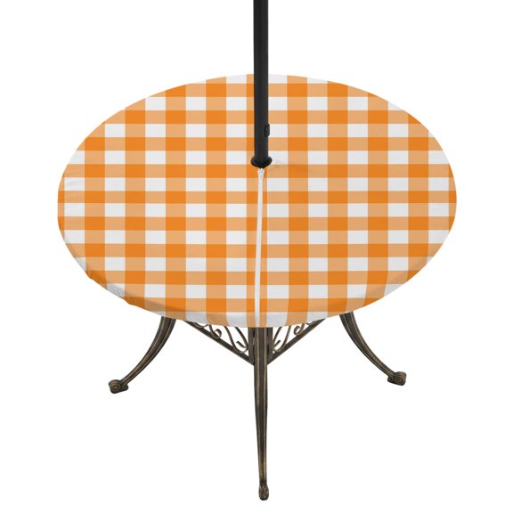 Outdoor Tablecloth with Umbrella Hole and Zipper Orange Buffalo Checked Plaid Round Fitted Table Cover with Elastic Waterproof Classic Grid Patio Tablecloths for Picnic BBQS Garden Party Fit 45"-54"