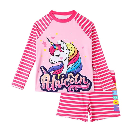 Girls Swimsuit Two Piece Rash Guard Set for 4-8 Years UPF 50 UV Protective Long Sleeve Swimwear Short Pants