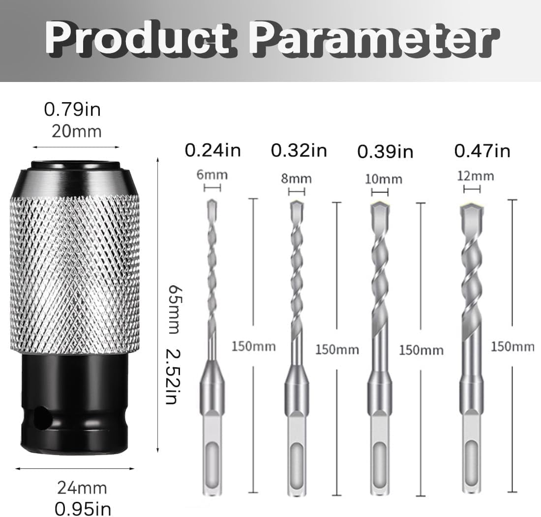 Rotary Hammer Adapter With Impact Drill Bits Set, Electric Hammer to Drill Converter, Versatile Hammer Adapter Set, Electric Wrench Adapter with 4 Hammer Bits for Tough Drilling Jobs (2pcs)