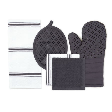 Sticky Toffee Silicone Printed Oven Mitt & Pot Holder, Cotton Kitchen Towel & Dishcloth, Gray, 5 Piece Set