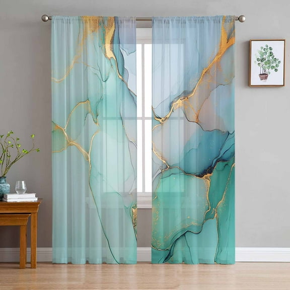 Teal Semi Sheer Curtains 84 Inch Length 2 Panels Set, Modern Marble Ink Painting Abstract Art Sheer Kitchen Curtain Privacy Voile Window Curtain for Living Room Bedroom Rod Pocket Drapes
