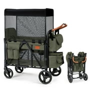 Matladin Wagon Stroller for 2 Kids, Foldable All-Terrain Wagon for Toddler with Canopy, 5 Point Harness, Adjustable Handlebar, Shoulder Bag, Green