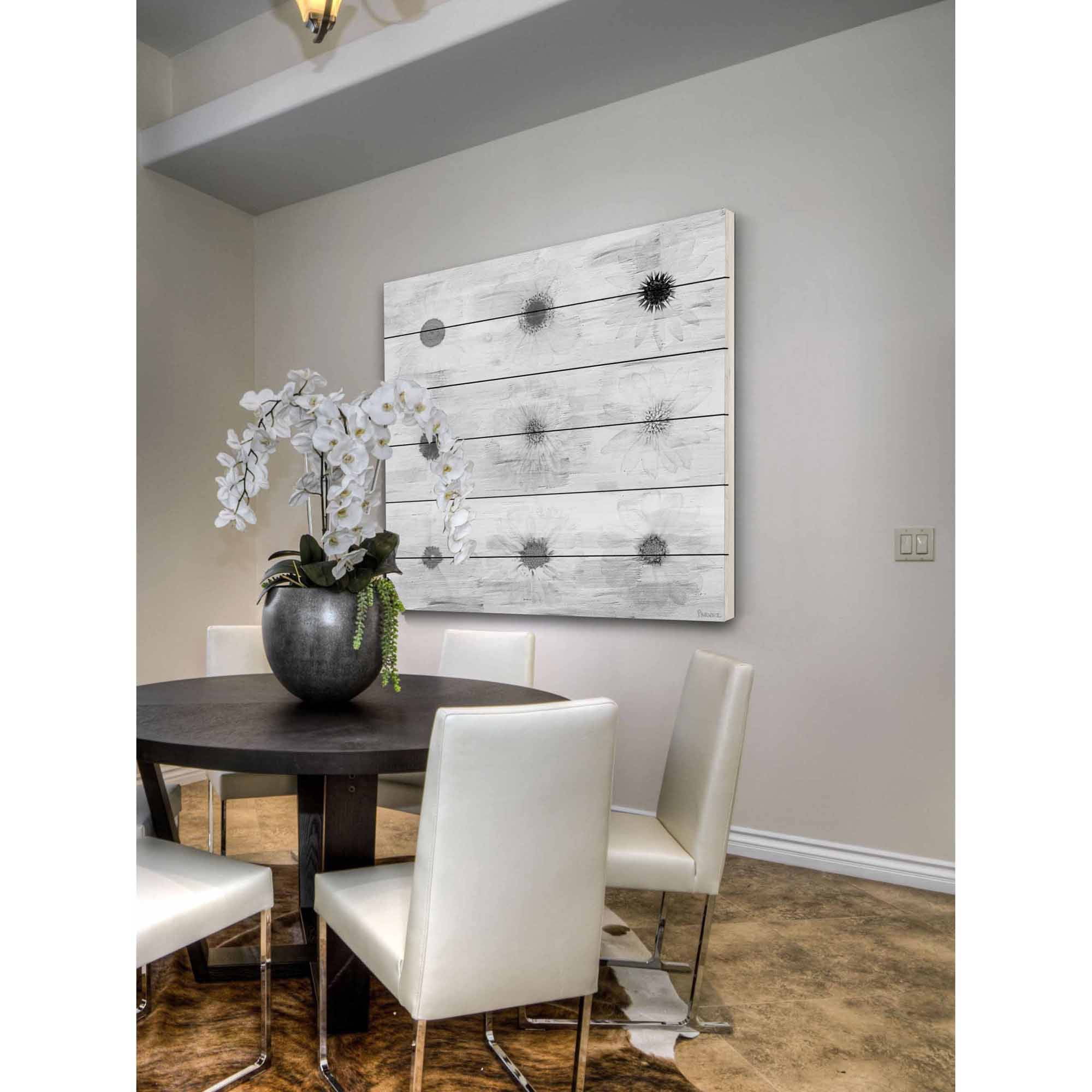 Parvez Taj Grey Flowers Art Print on White Pine Wood