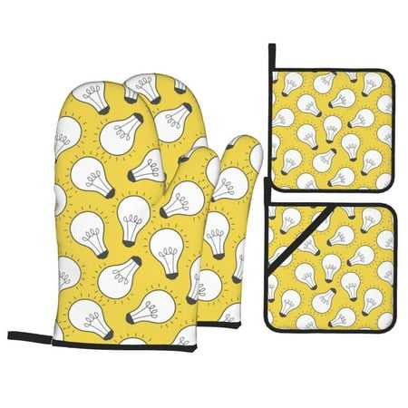 

Oven Mitts and Pot Holders 4 Piece Light Bulb Print yellow High Heat Slip Resistant Oven Mitt and Trivets Set Kitchen Oven Glove Pot Holders for Cooking Baking Grilling