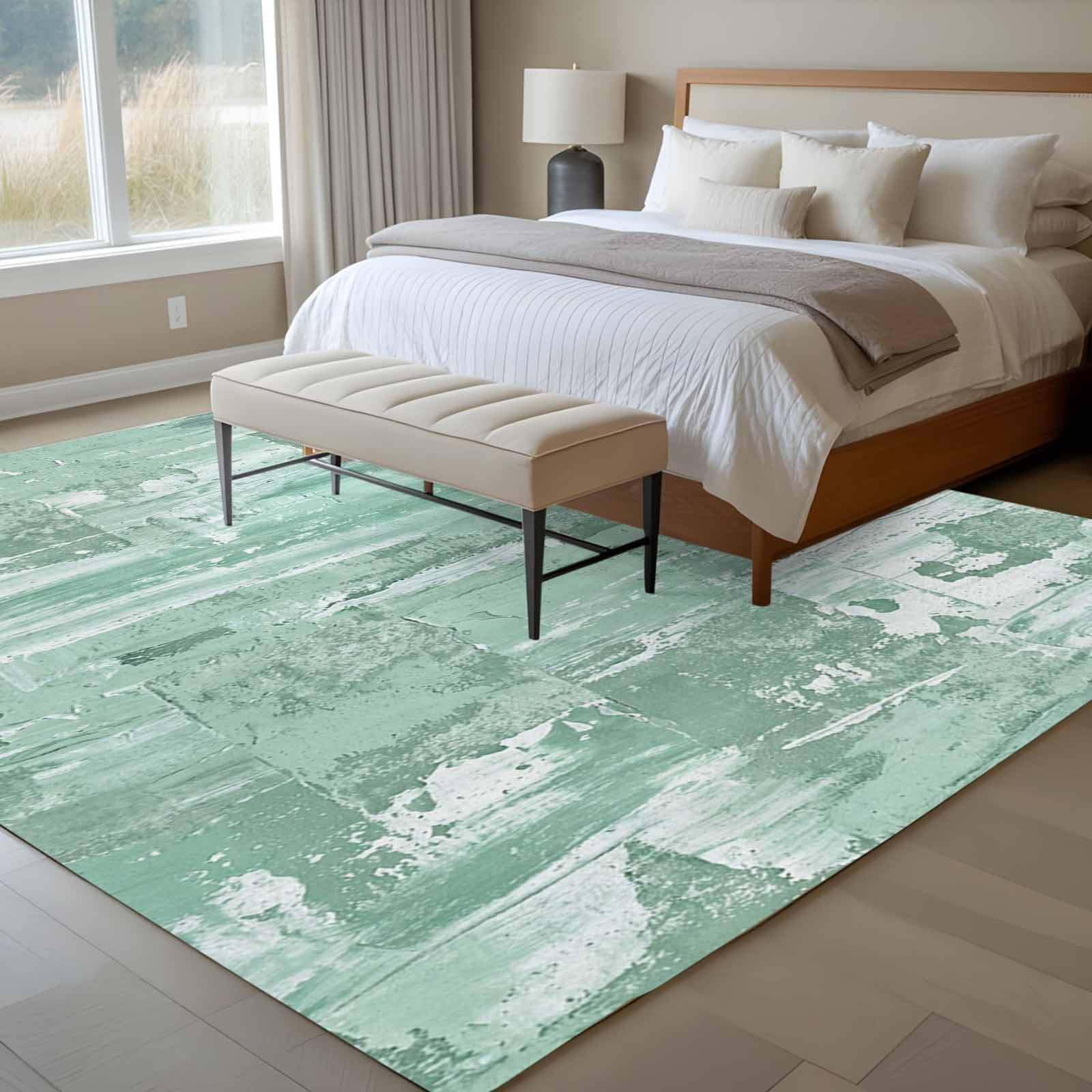 Large Area Rugs for Living Room Bedroom, Green Abstract 6'x9' Rug Washable Carpet Runner Indoor Outdoor, Vintage Geometric Gradient Oil Painting Modern Non Slip Floor Mats Rug for Kitchen, Playroom