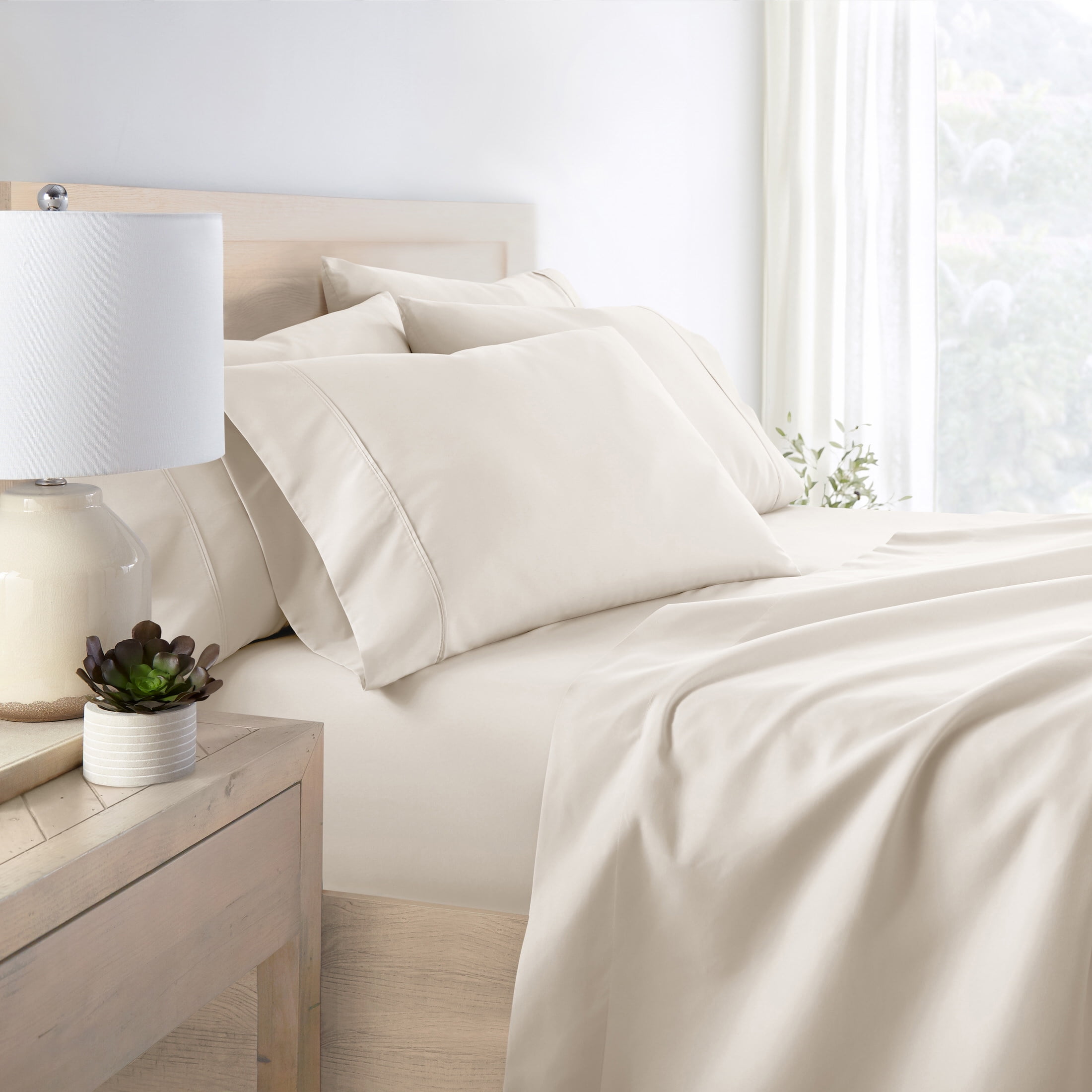 California King, Ivory Solid Microfiber 6 Piece Bed Sheet Set, by Noble Linens