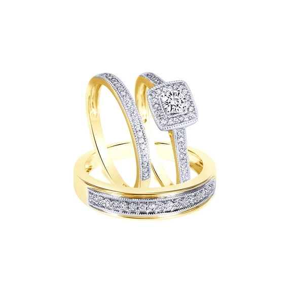 AFFY White Natural Diamond Engagement & Wedding Trio Bridal Ring Set In 10k Yellow Gold (0.5 Cttw)