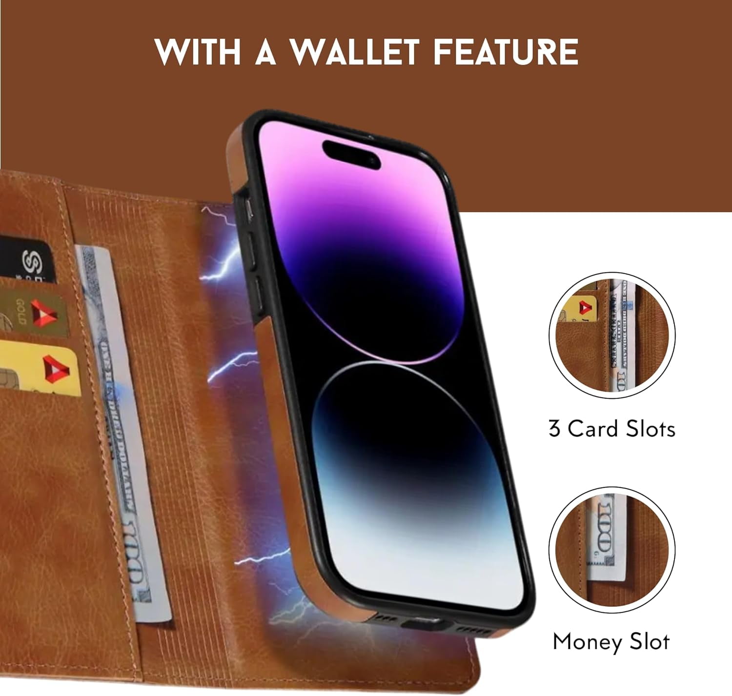RadEnergy Leather Case with EMF Protection for iPhone 15 Pro with Card Holder & Stand, Brown
