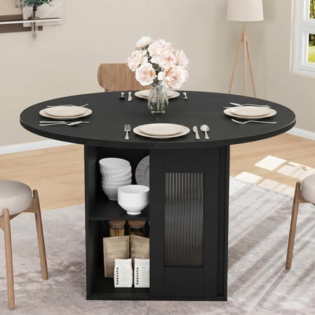 Farmhouse Round Dining Table 47 – Sliding Door Storage 2-Tier Shelf Wood Pedestal – Seats 4-6 for Dining Room Living Room Kitchen