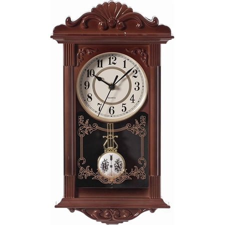 Colourfull Vintage Grandfather-Style Wall Clock with Wood-Effect Plastic Pendulum, Battery-Operated - for Home Decor, Living Room, Home Office, Kitchen or Dining Room (Brown)