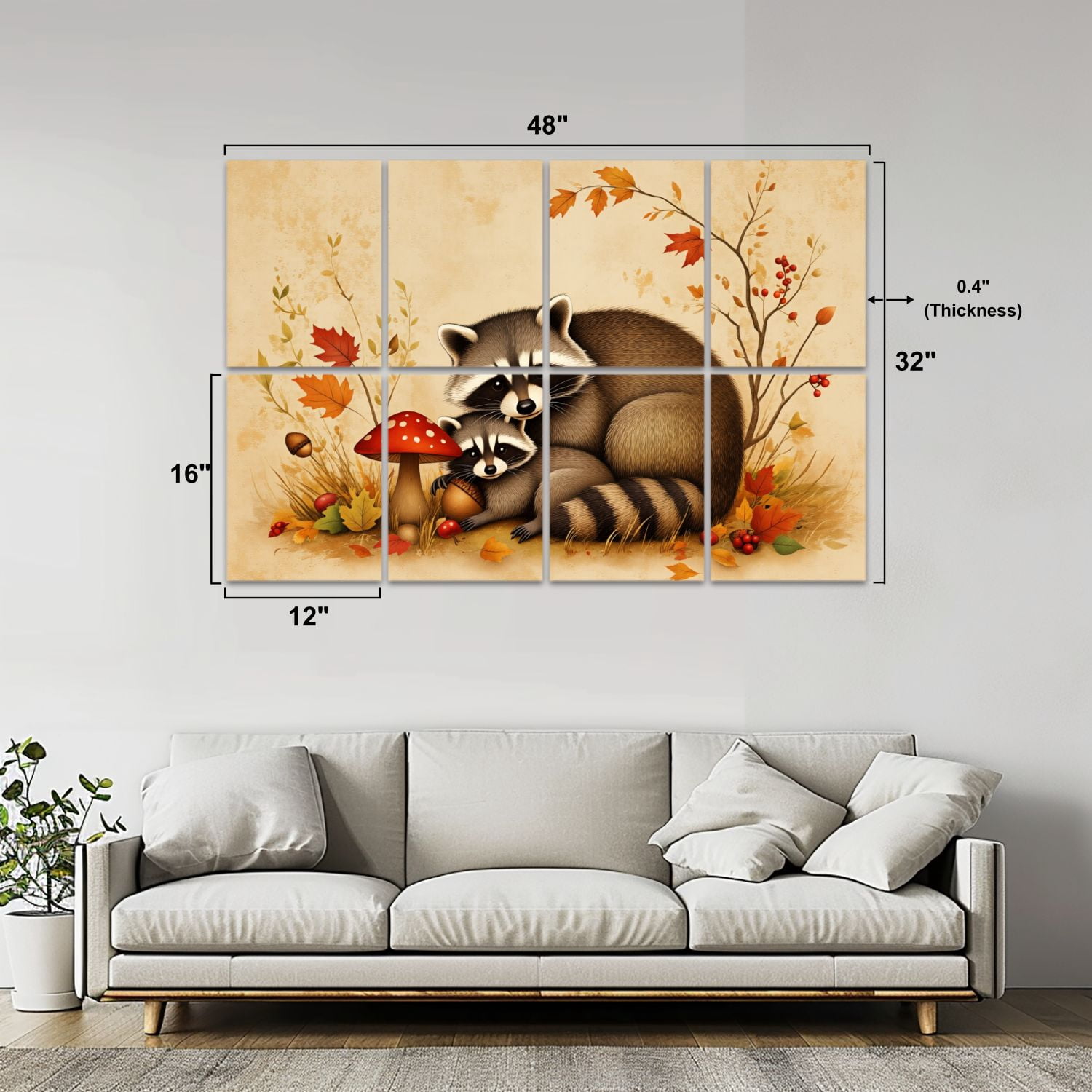 8 Pack Art Acoustic Panels Sound Absorbing Mother Baby Raccoons Autumn Decorative Soundproof Wall Panels Self Adhesive for Nursery Game Room Bedroom 48"x32"