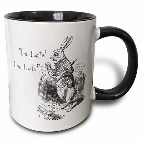 3dRose Alice in Wonderland White Rabbit. Im Late - John Tenniel illustration, Two Tone Black Mug, 11oz