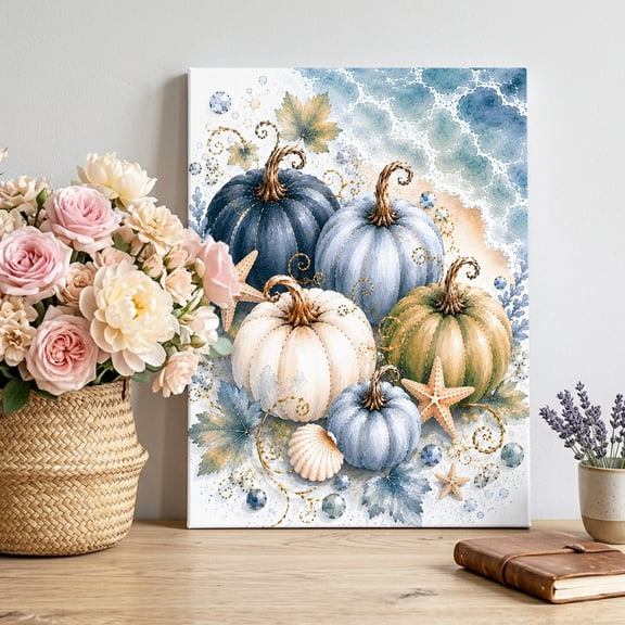 Canvas Wall Art, Coastal Pumpkins Fall Framed Canvas Prints for Living Room Bedroom, Blue Starfish Beach Thanksgiving Gallery Wrapped Wall Decor for Home Office, Gifts, 12"x16" Ship Next Day
