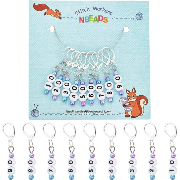 9 Pcs Number Stitch Markers Numbe 10-90 Acrylic Beads Crochet Stitch Marker Charms Locking Stitch Marker for Knitting Weaving Sewing Accessories Quilting Handmade Jewelry Silver