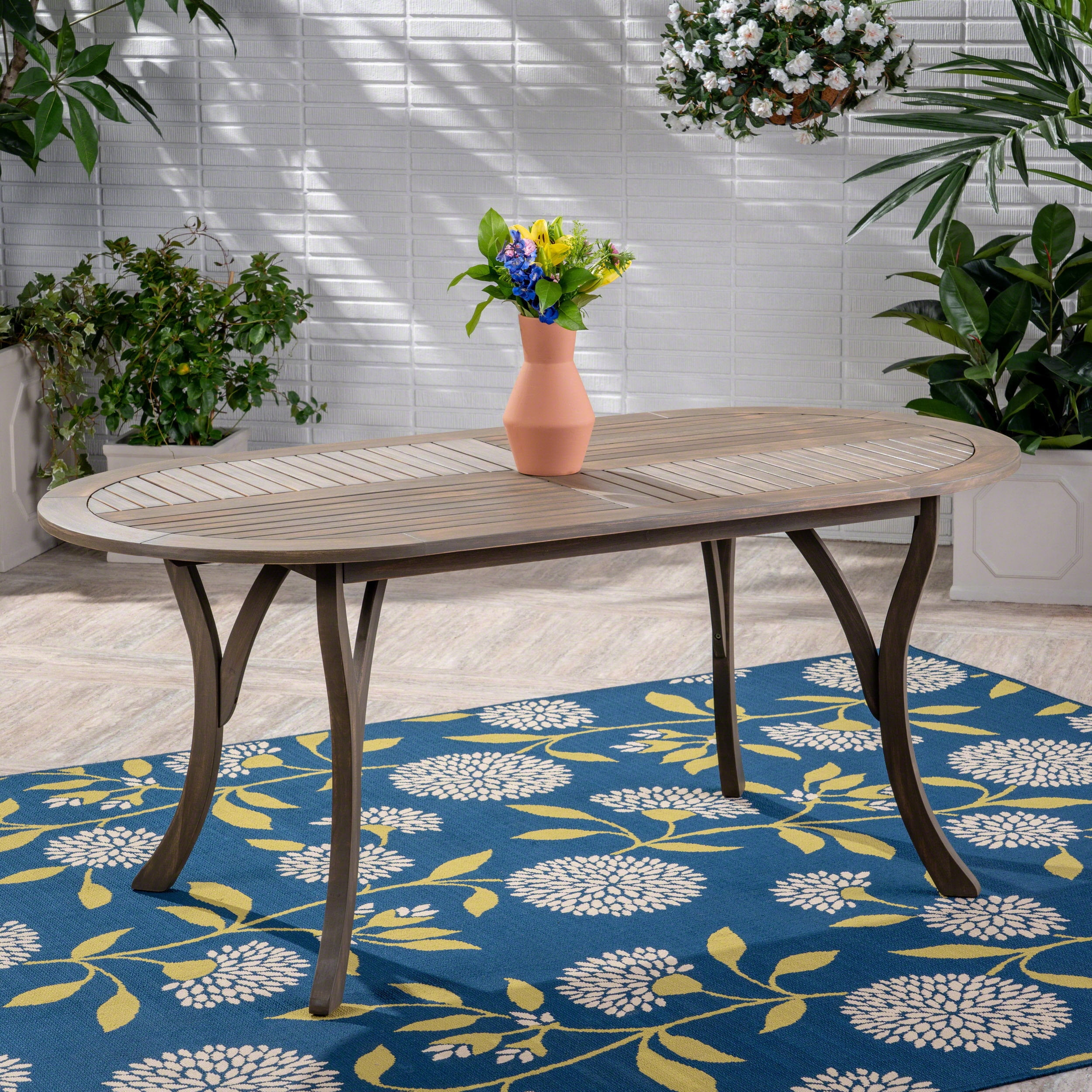 Outdoor Dining Table 70 Inch, Solid Acacia Wood Tabletop for Patio Garden, Gray