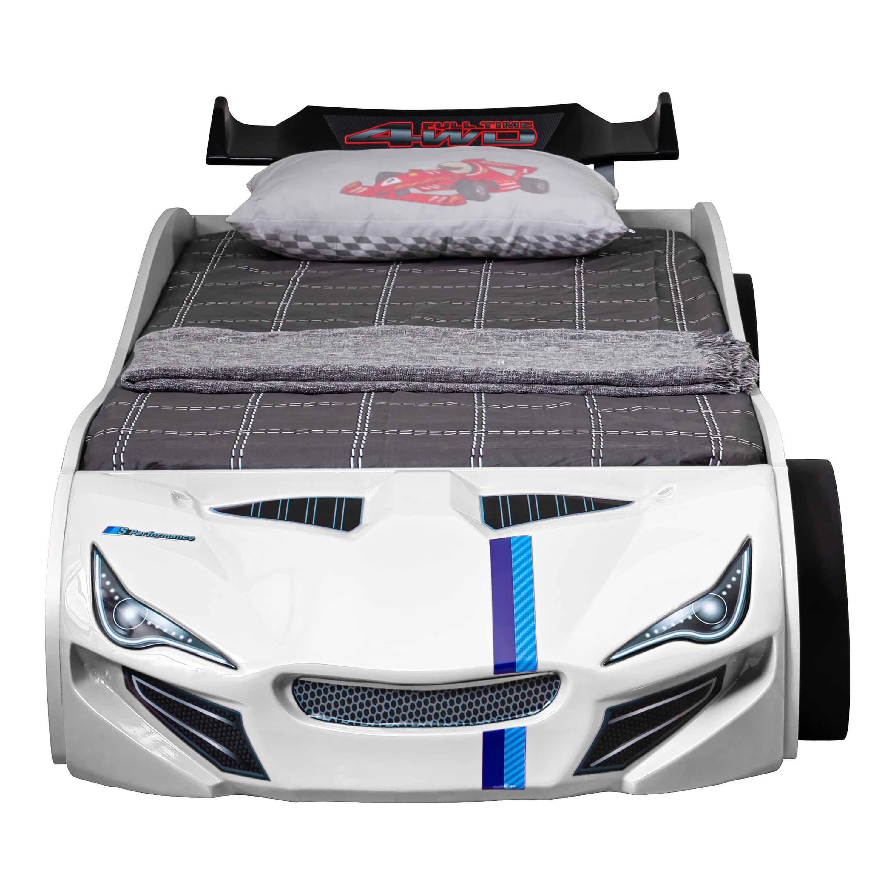 Furniture of America Speeds Kids Twin Platform ABS Plastic Race Car Bed with Trundle, White