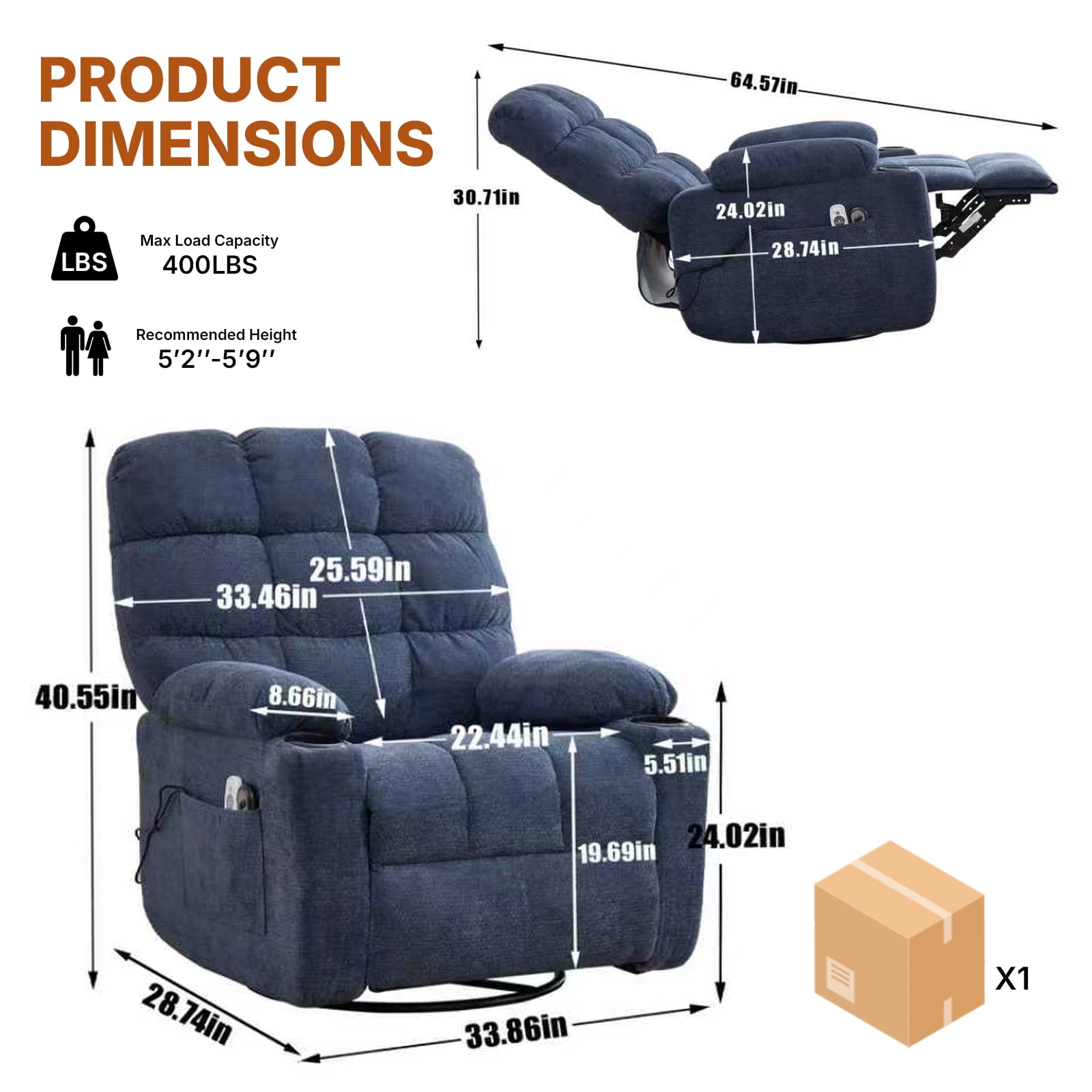 360 Swivel Manual Recliner Chair with Heat and Massage, Overstuffed Comfy Ergonomic Recliner for Elderly Seniors, Lumbar Back Pain Relief w/Pockets, Home Theater Living Room, Blue