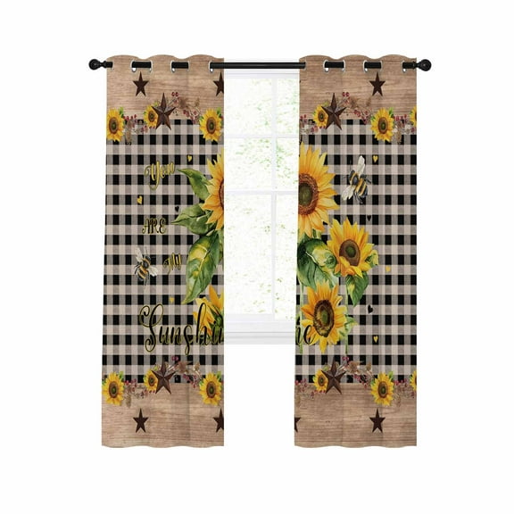 Sunflower Plaid Blackout Curtains 84 Inches Long for Bedroom, Country Sunshine Star Vintage Bee Black Thermal Insulated Room Darkening Black Out Window Curtain Panels Grommet Drapes for Living Room