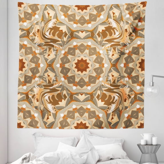 Tan and Brown Tapestry, Traditional Round with Retro Floral Elements Abstract Style, Fabric Wall Hanging Decor for Bedroom Living Room Dorm, 5 Sizes, Multicolor, by Ambesonne