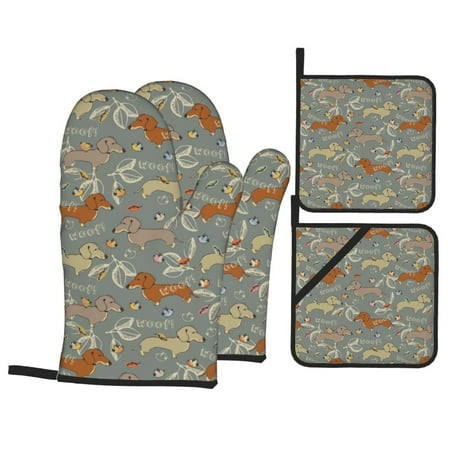 

Oven Mitts and Pot Holders Sets 4 pcs Dachshund Dog Puppy Bird Non-Slip Oven Gloves Potholders Soft Quilted Lining Heat Resistant Gloves Hot Pads for Kitchen Cooking Baking