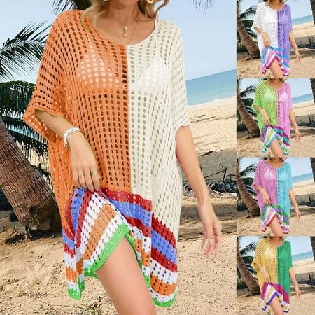 Axiiglly Swimsuit Coverup for Women Splicing Color Vacation Dresses Loose Summer Bathing Suit Cover Up Side Split Swimwear Cover Ups Hollow Out Bikini Beach Cover Ups