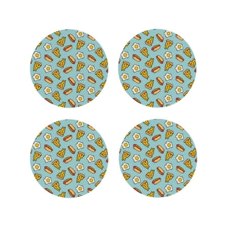 

KLL Drink Coasters Set Round Shape of 4 PU Leather Absorbent Coasters Set Decorative Coffee Cup Coasters Housewarming Gift for Home Decor-Hot Dog Pizza