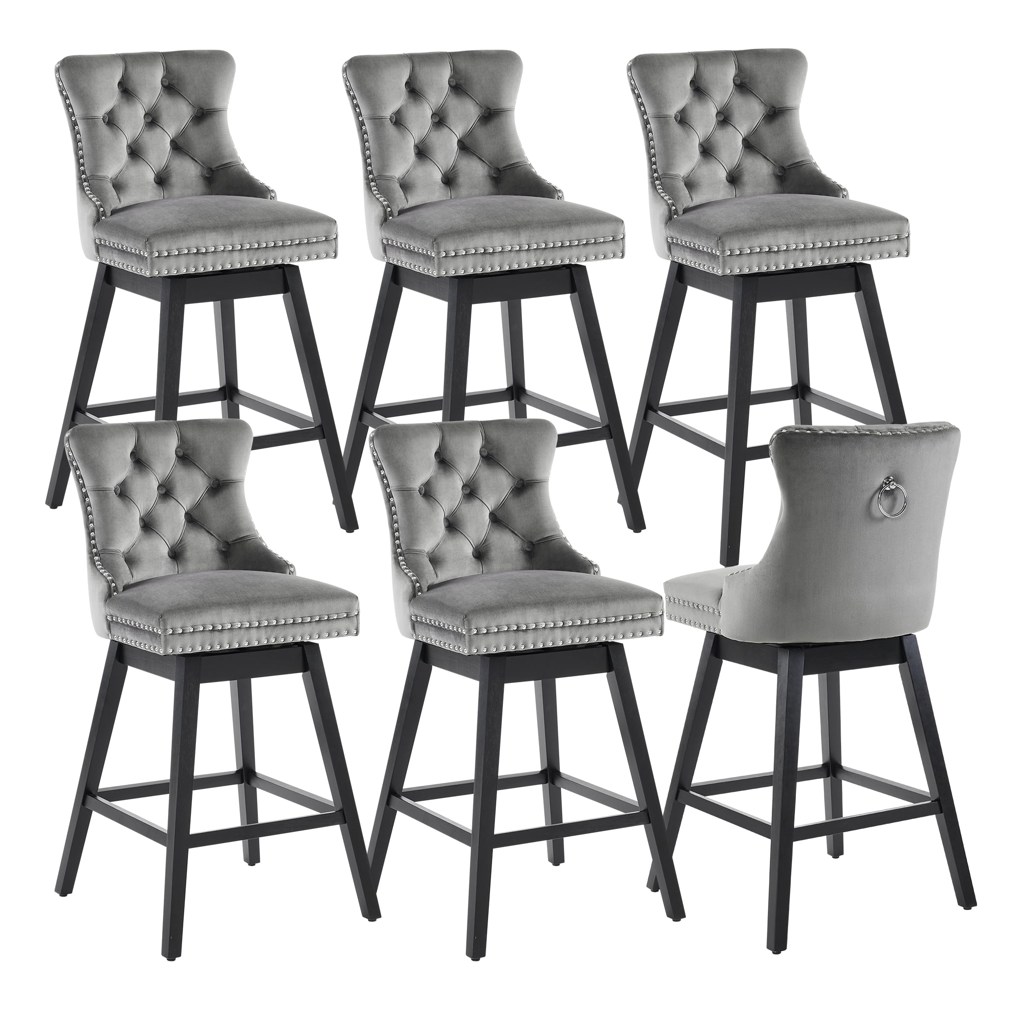 Tewloss 26" Swivel Bar Stools Set of 6 Velvet Counter Height Chairs for Home Kitchen Dining, Gray