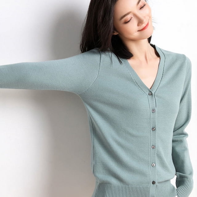 Abrigo de mujer de primavera, cárdigan de punto con cuello en V y manga larga, suéter ajustado de estilo coreano de color sólido corto y fino para mujer