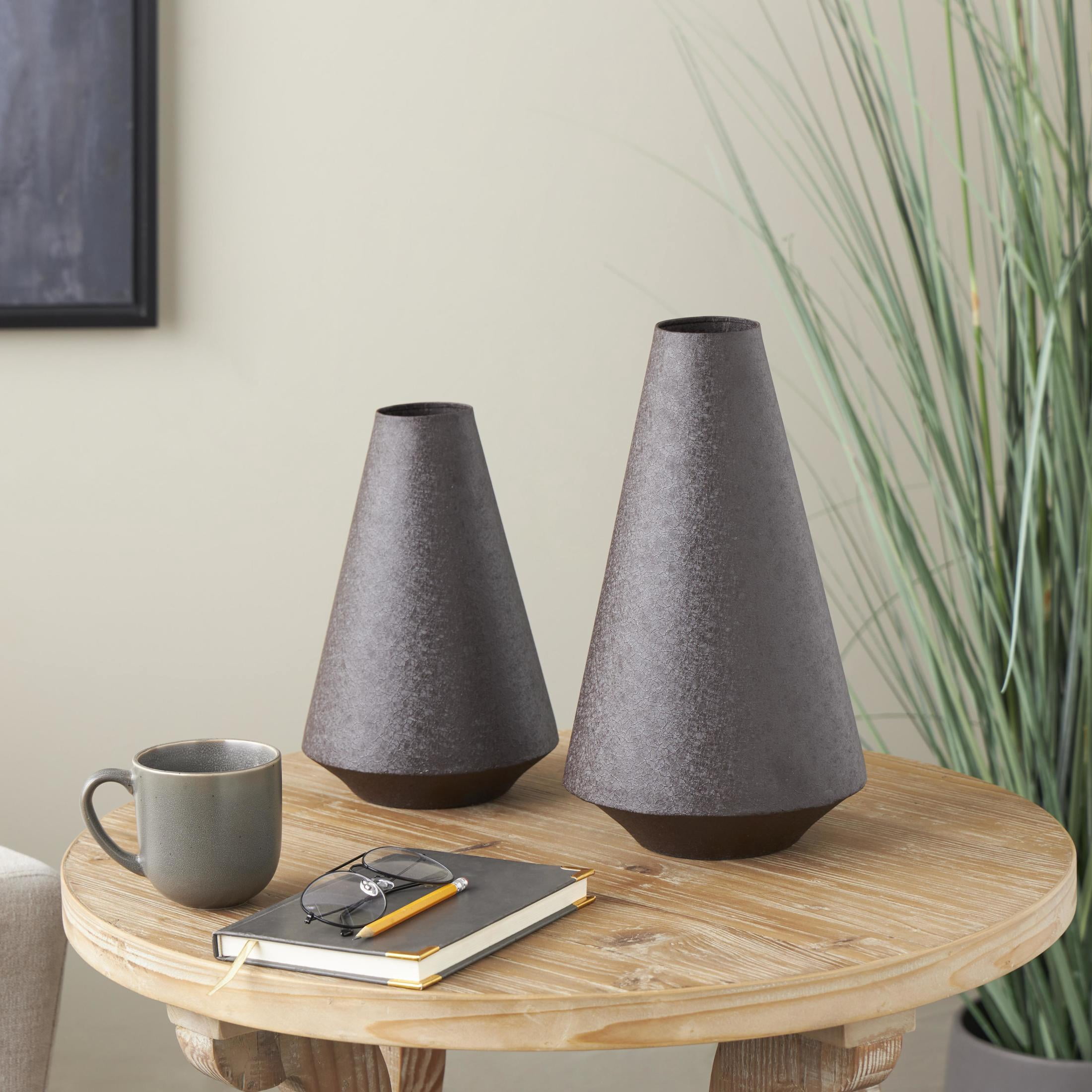 DecMode 14", 11"H Textured Cone Black Metal Vase, Set of 2