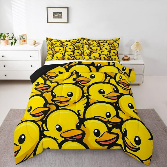 Manfei Yellow Duck 2pcs Bedding Comforter Set,Cartoon Animal Twin Comforter Sets,Kawaii Wildlife Bedding Set,Breathable Cute Bedroom Decorative,Reversible