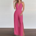 thumbnail image 2 of Miqool Women's Summer Sleeveless V Neck Halter Backless Jumpsuit Dressy Casual Wide Leg Long Pants Rompers One Piece Outfits with High Slit, 2 of 6