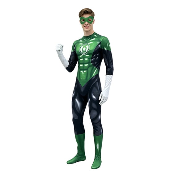Green Hero Bodysuit Jumpsuit with Mask Eye Cover Printed Muscle Full Body Suit Outfit for Adult Halloween Costumes, Anime Cosplay, 1 Set, 150