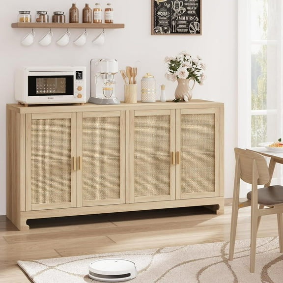 Litake Buffet Cabinet,Rattan Accent Storage Cabinet with 4 Doors and Shelf, Sideboard Buffet Cabinet with Storage, Modern Console Coffee Bar Cabinet for Dining Room, Kitchen, Living Room, Entryway Hom